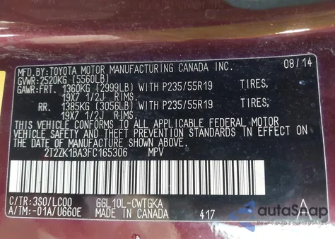 2015 Lexus Rx 350 from USA, damaged, VIN 2T2ZK1BA3FC165306